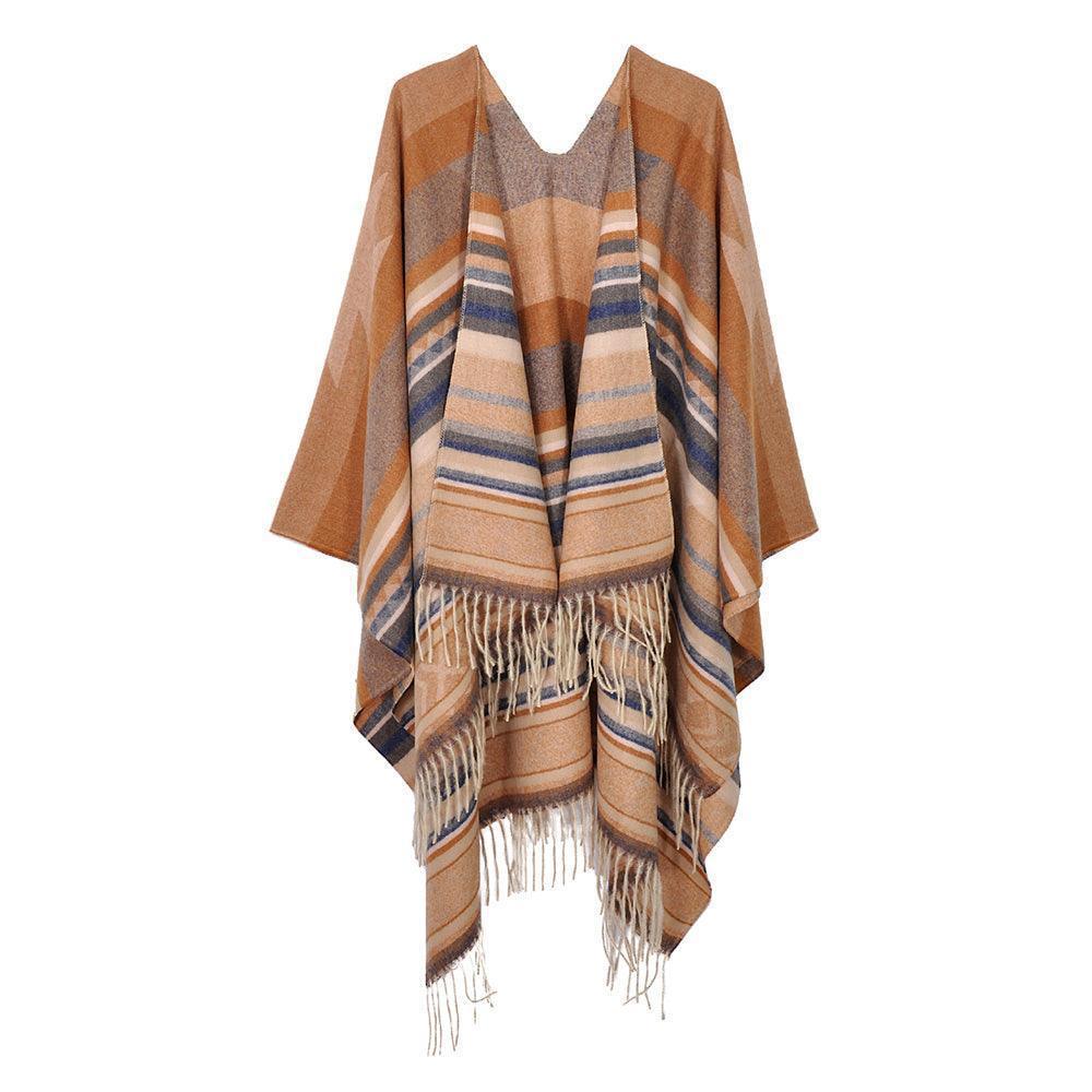 Taupe Aztec Patterned Fringe Ruana Poncho - Jewelry Store by Erik Rayo