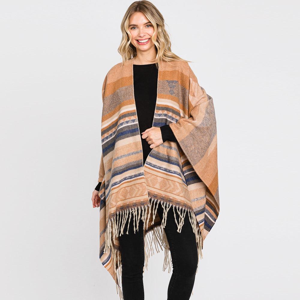 Taupe Aztec Patterned Fringe Ruana Poncho