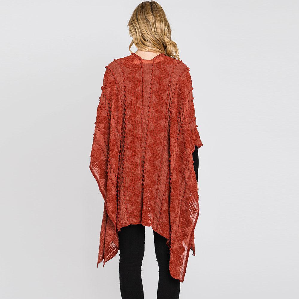 Burgundy Tiny Pom Pom Embellished Crochet Ruana Poncho - Jewelry Store by Erik Rayo