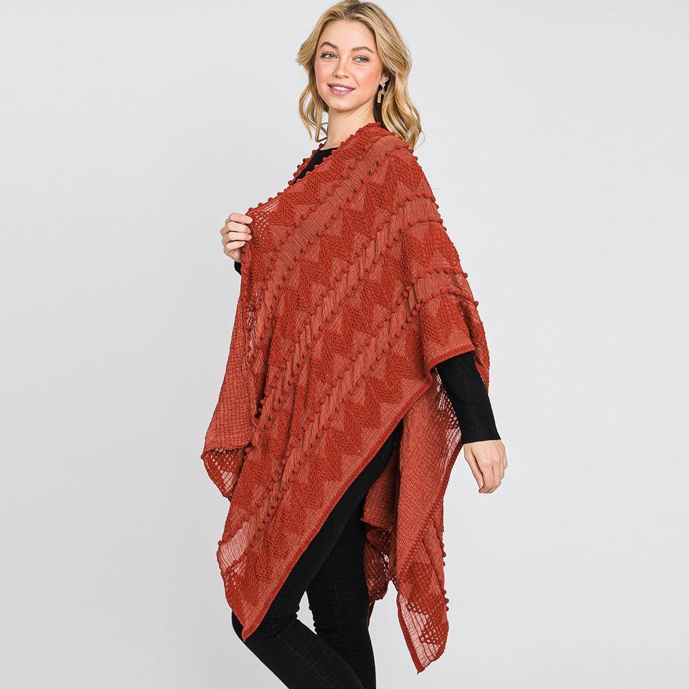Burgundy Tiny Pom Pom Embellished Crochet Ruana Poncho - Jewelry Store by Erik Rayo