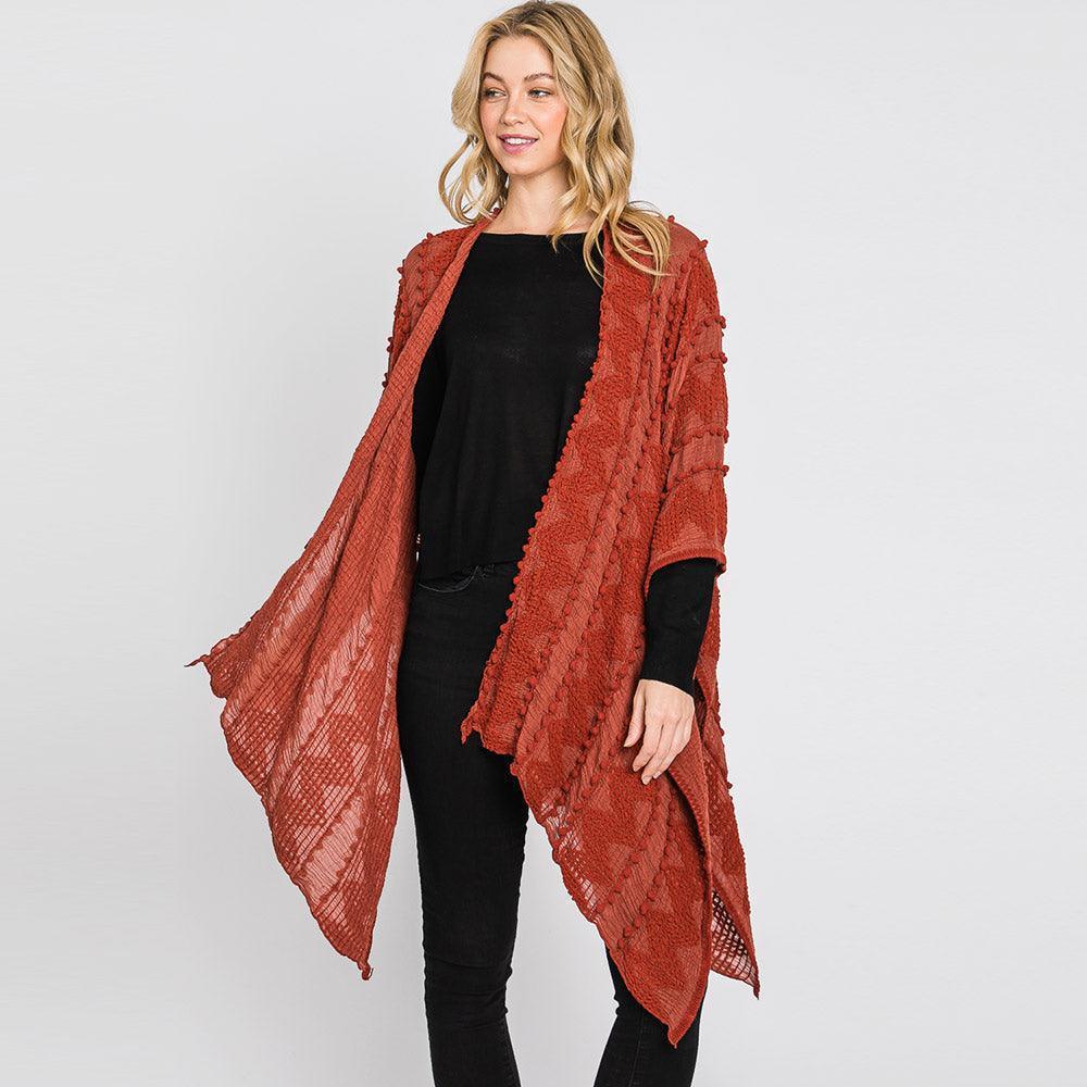 Burgundy Tiny Pom Pom Embellished Crochet Ruana Poncho - Jewelry Store by Erik Rayo