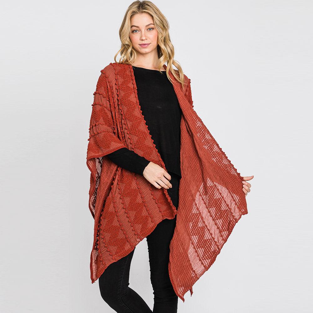 Burgundy Tiny Pom Pom Embellished Crochet Ruana Poncho