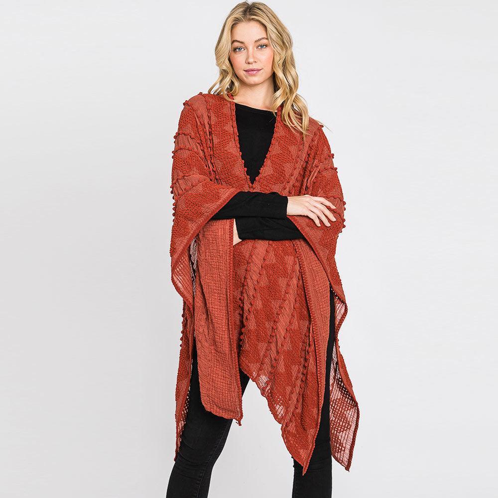 Burgundy Tiny Pom Pom Embellished Crochet Ruana Poncho - Jewelry Store by Erik Rayo