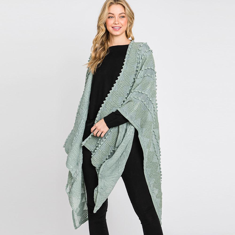 Blue Tiny Pom Pom Embellished Crochet Ruana Poncho