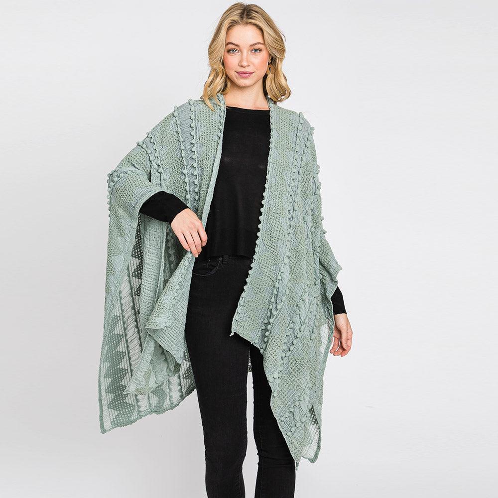 Blue Tiny Pom Pom Embellished Crochet Ruana Poncho - Jewelry Store by Erik Rayo