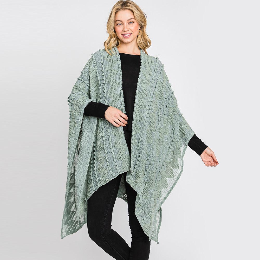 Blue Tiny Pom Pom Embellished Crochet Ruana Poncho - Jewelry Store by Erik Rayo