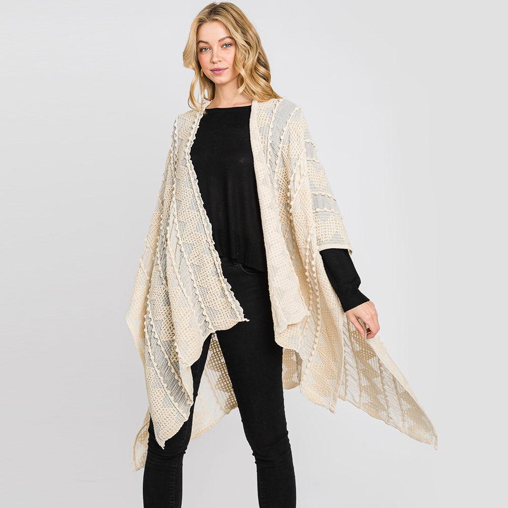 Ivory Tiny Pom Pom Embellished Crochet Ruana Poncho - Jewelry Store by Erik Rayo