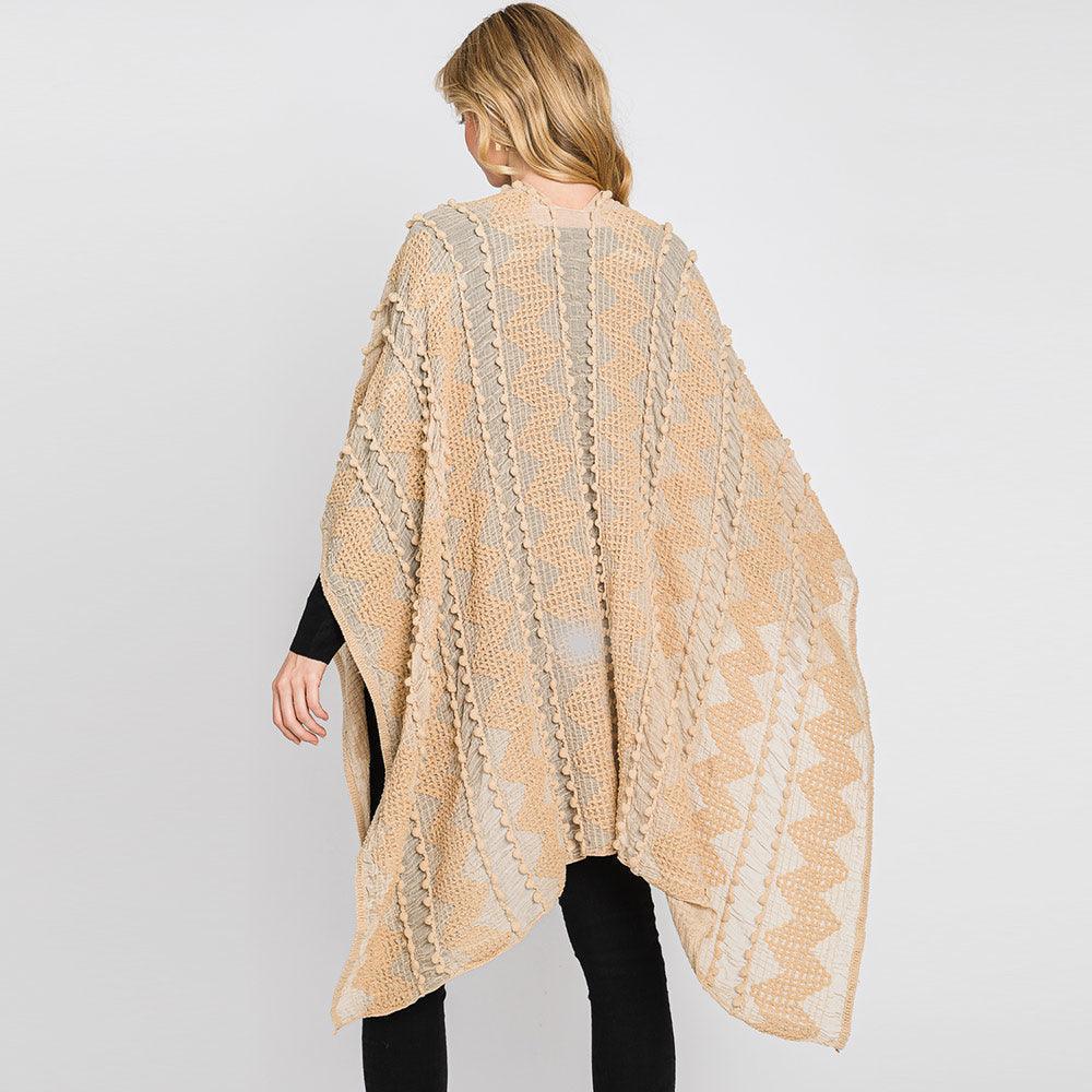 Taupe Tiny Pom Pom Embellished Crochet Ruana Poncho - Jewelry Store by Erik Rayo