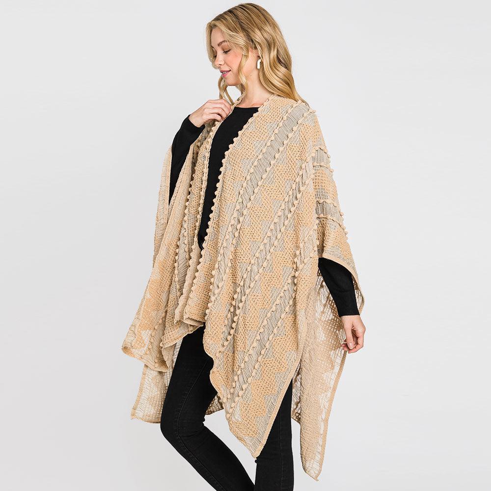 Taupe Tiny Pom Pom Embellished Crochet Ruana Poncho - Jewelry Store by Erik Rayo