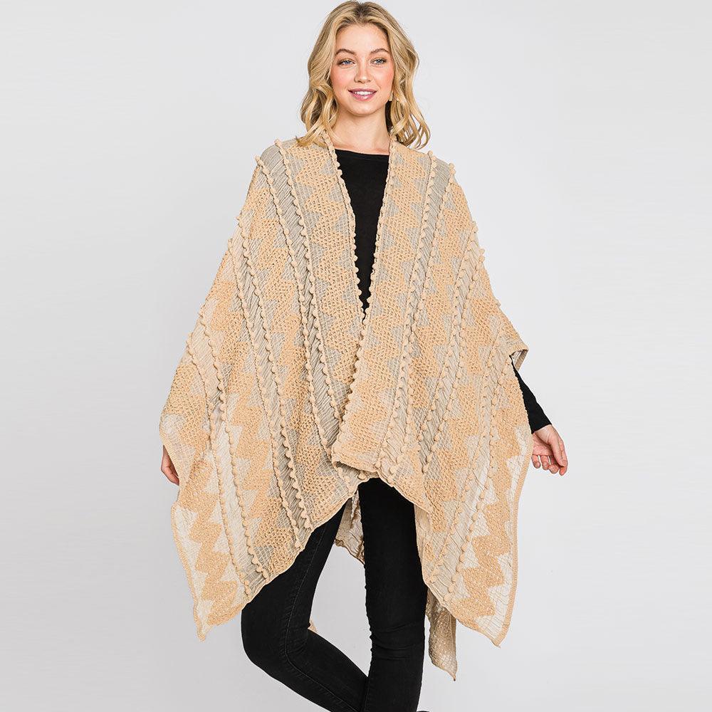 Taupe Tiny Pom Pom Embellished Crochet Ruana Poncho - Jewelry Store by Erik Rayo