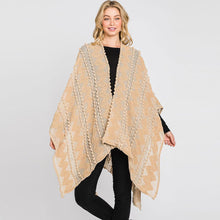 Load image into Gallery viewer, Taupe Tiny Pom Pom Embellished Crochet Ruana Poncho
