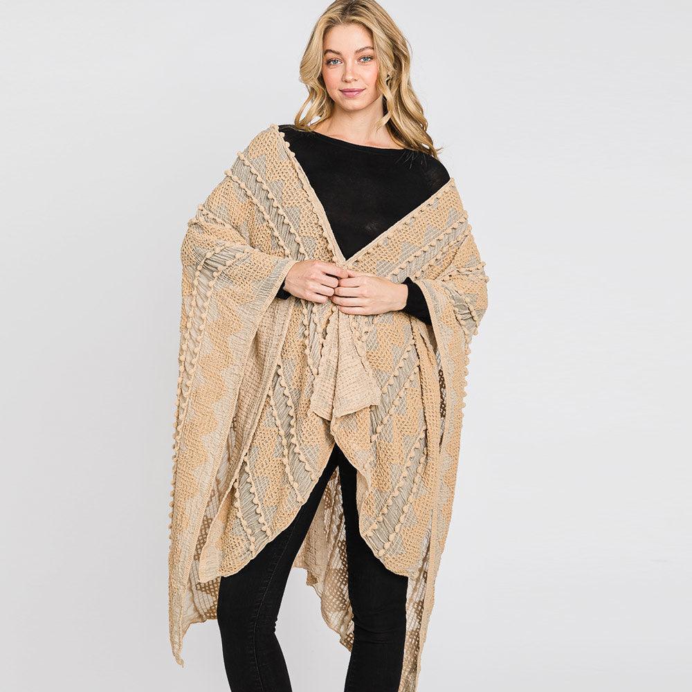 Taupe Tiny Pom Pom Embellished Crochet Ruana Poncho - Jewelry Store by Erik Rayo