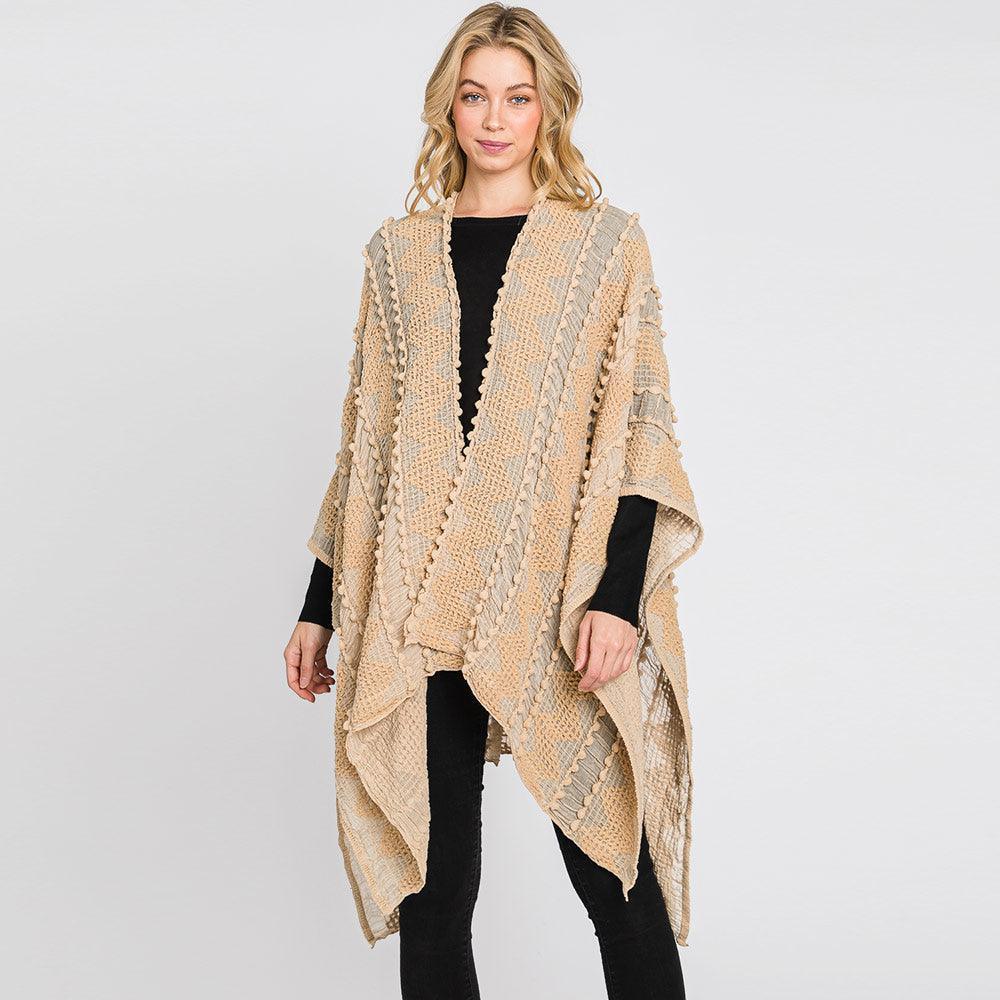 Taupe Tiny Pom Pom Embellished Crochet Ruana Poncho - Jewelry Store by Erik Rayo