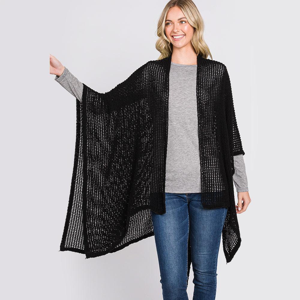 Black Solid Chenille Crochet Ruana Poncho - Jewelry Store by Erik Rayo