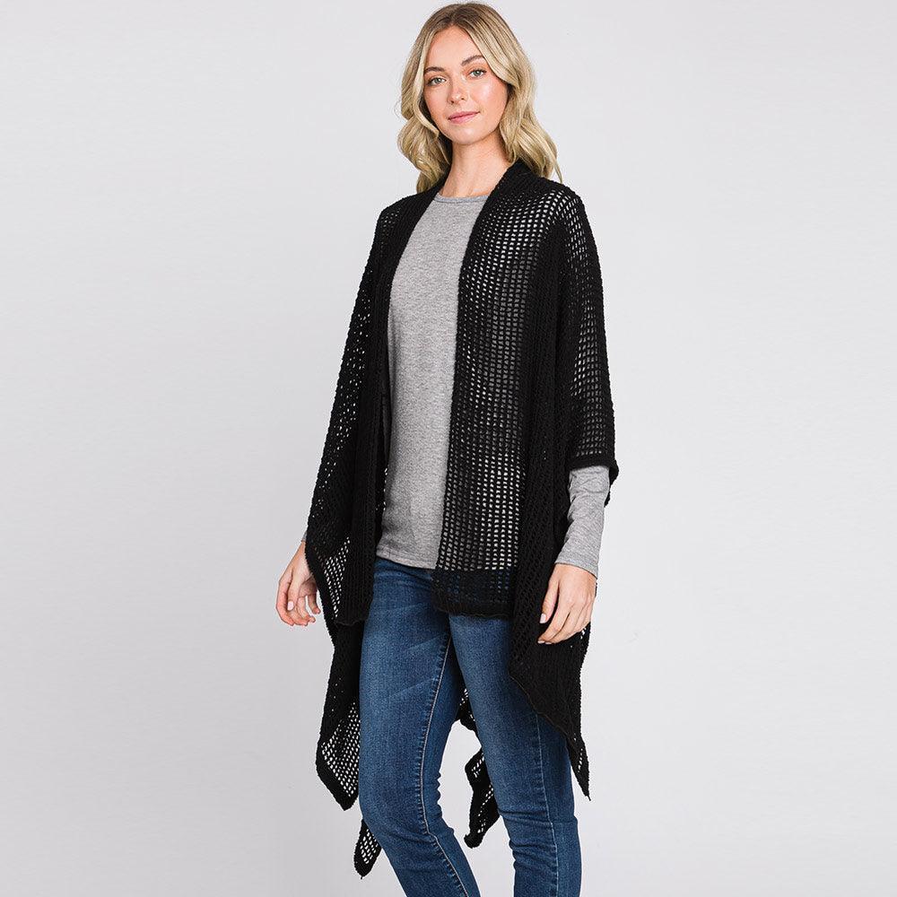 Black Solid Chenille Crochet Ruana Poncho - Jewelry Store by Erik Rayo