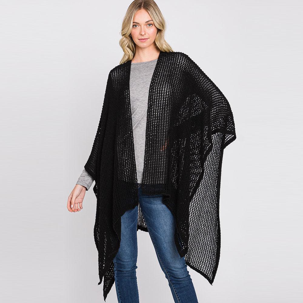 Black Solid Chenille Crochet Ruana Poncho - Jewelry Store by Erik Rayo