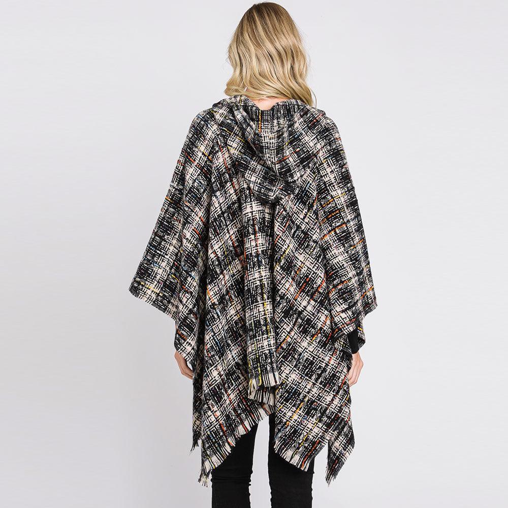 Black Hooded Plaid Check Patterned Front Pockets Fringe Ruana Poncho - Jewelry Store by Erik Rayo