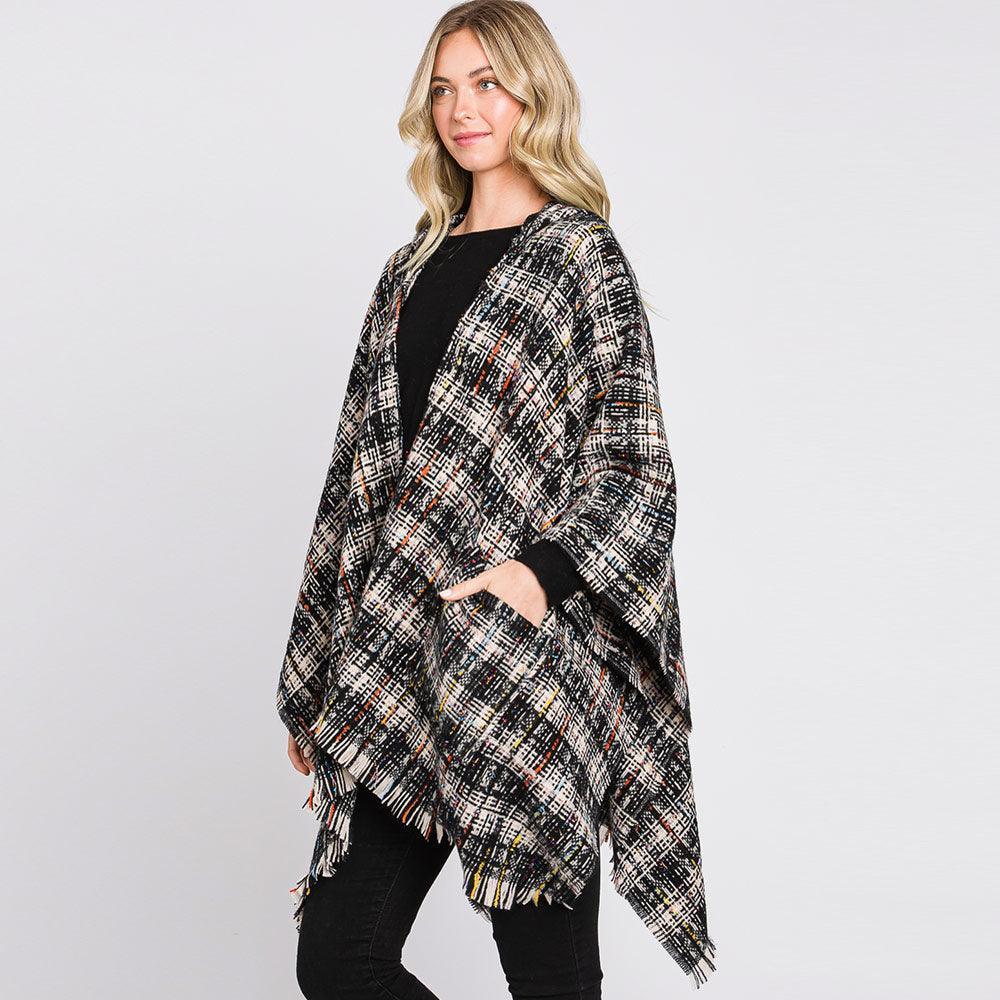 Black Hooded Plaid Check Patterned Front Pockets Fringe Ruana Poncho - Jewelry Store by Erik Rayo