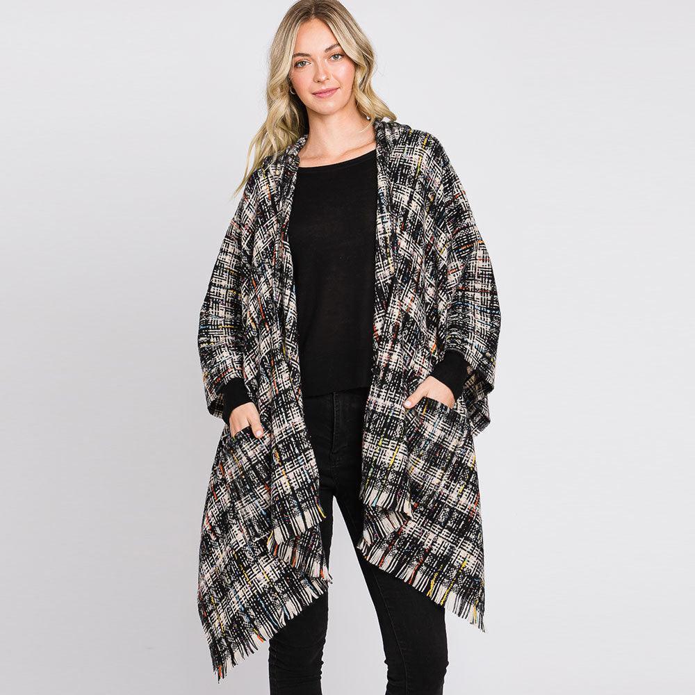 Black Hooded Plaid Check Patterned Front Pockets Fringe Ruana Poncho - Jewelry Store by Erik Rayo