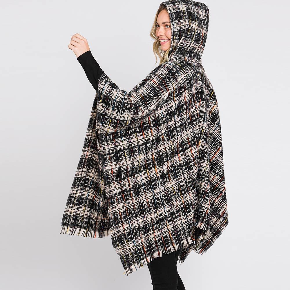 Black Hooded Plaid Check Patterned Front Pockets Fringe Ruana Poncho - Jewelry Store by Erik Rayo