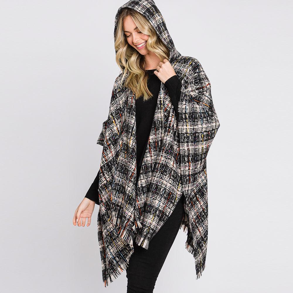 Black Hooded Plaid Check Patterned Front Pockets Fringe Ruana Poncho - Jewelry Store by Erik Rayo