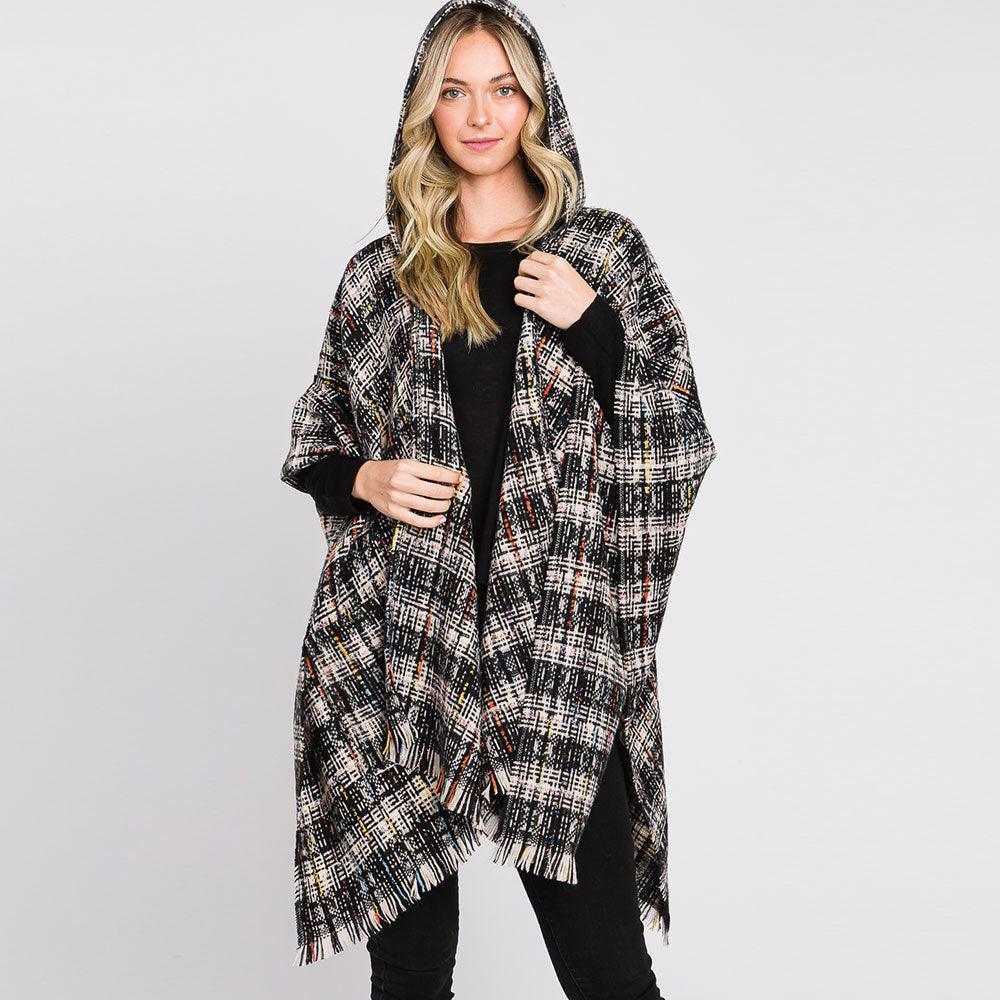 Black Hooded Plaid Check Patterned Front Pockets Fringe Ruana Poncho - Jewelry Store by Erik Rayo