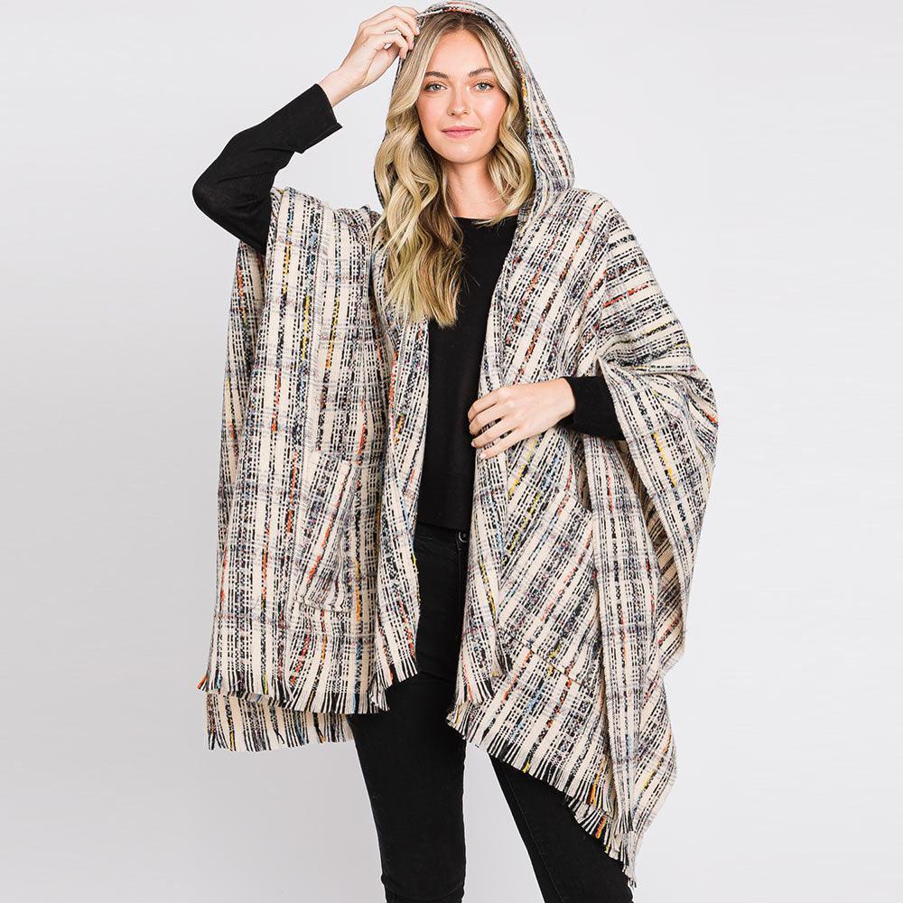 Ivory Hooded Plaid Check Patterned Front Pockets Fringe Ruana Poncho - Jewelry Store by Erik Rayo