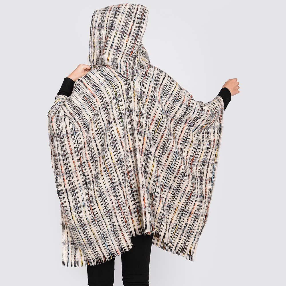 Ivory Hooded Plaid Check Patterned Front Pockets Fringe Ruana Poncho - Jewelry Store by Erik Rayo