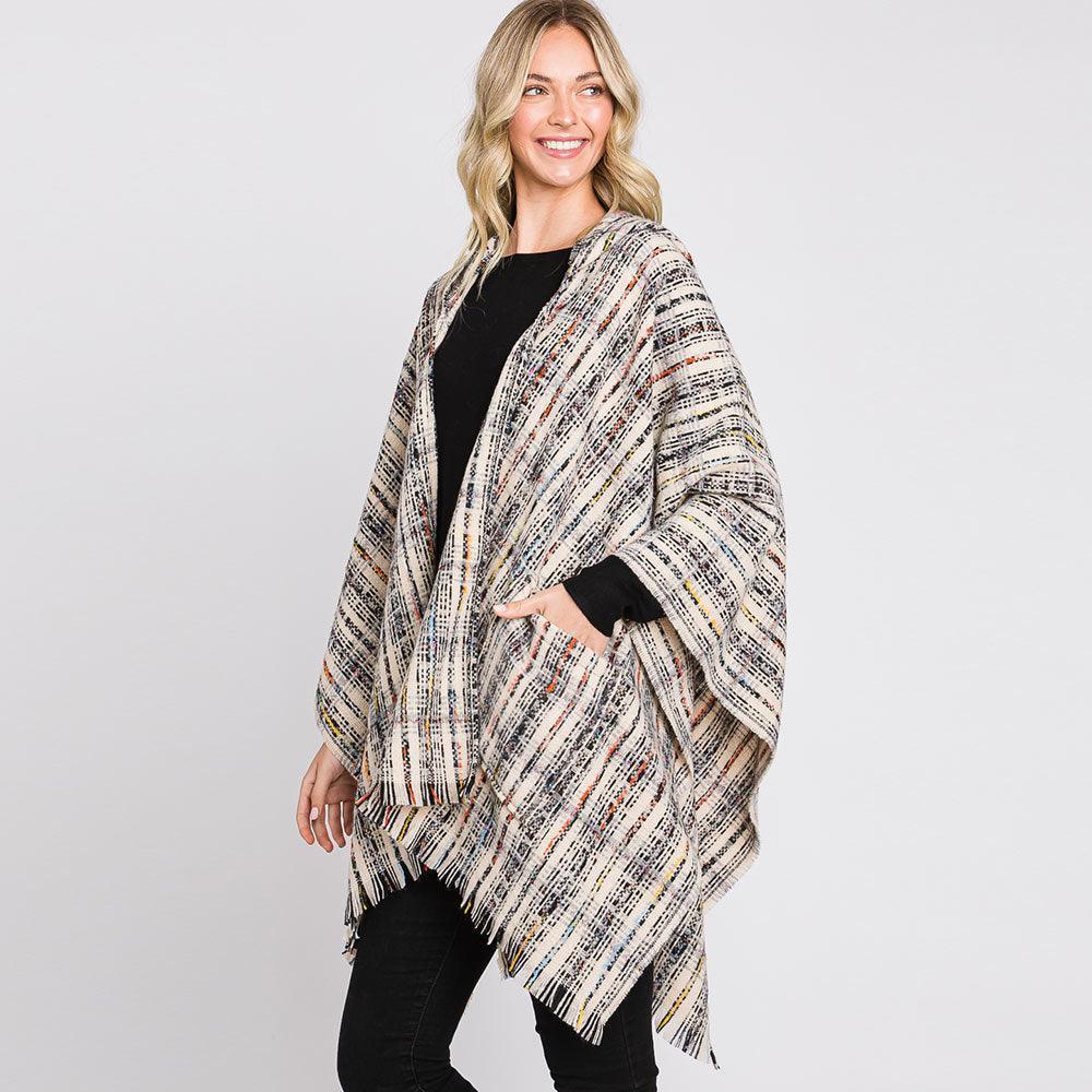 Ivory Hooded Plaid Check Patterned Front Pockets Fringe Ruana Poncho - Jewelry Store by Erik Rayo