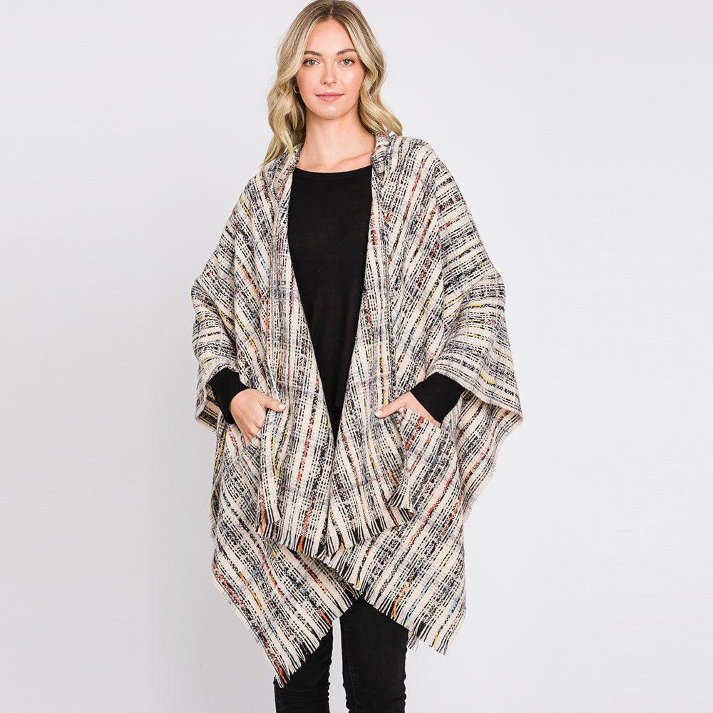 Ivory Hooded Plaid Check Patterned Front Pockets Fringe Ruana Poncho - Jewelry Store by Erik Rayo