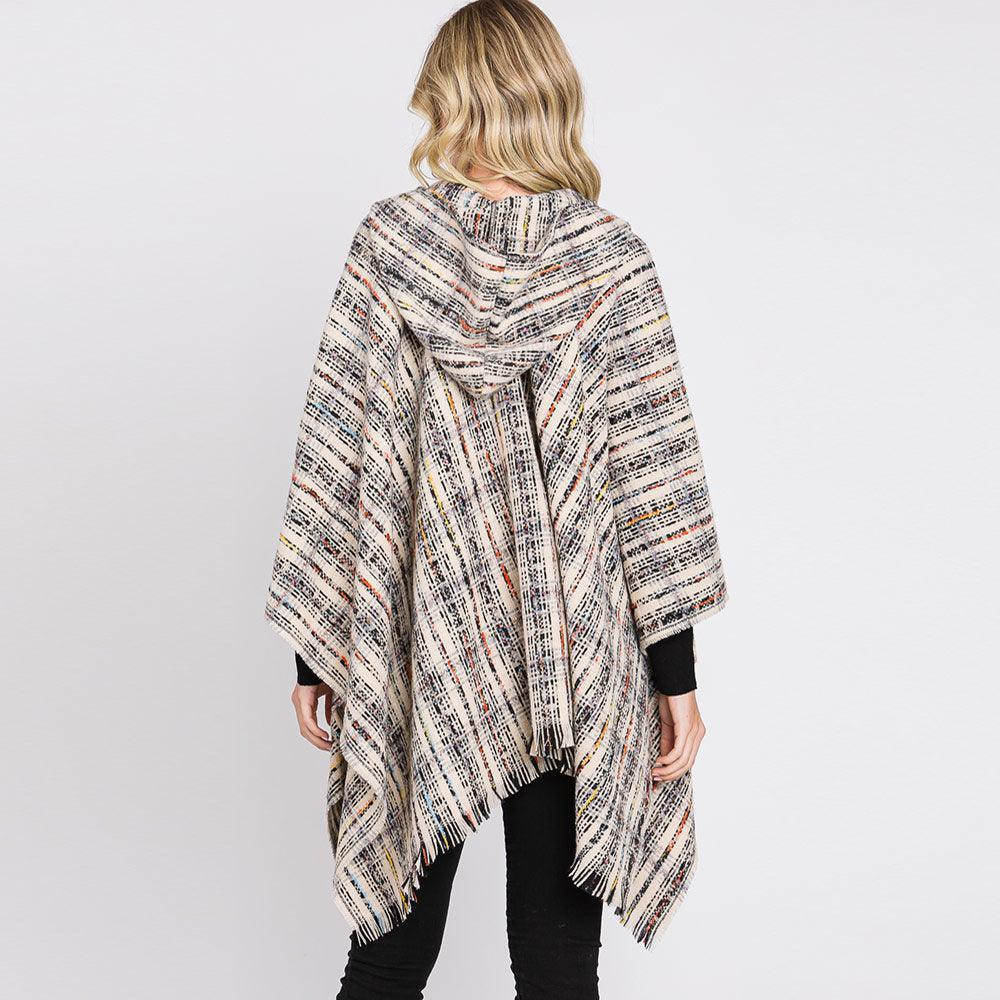Ivory Hooded Plaid Check Patterned Front Pockets Fringe Ruana Poncho - Jewelry Store by Erik Rayo