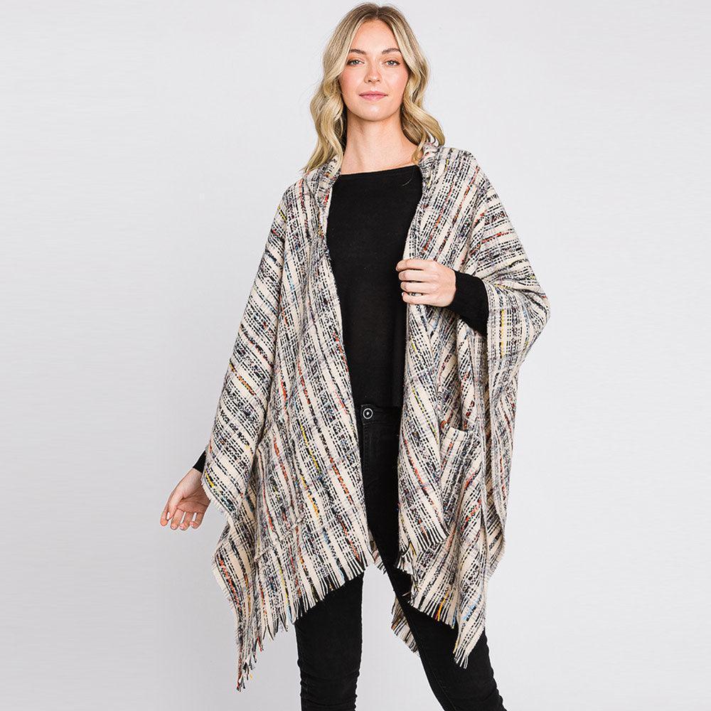 Ivory Hooded Plaid Check Patterned Front Pockets Fringe Ruana Poncho - Jewelry Store by Erik Rayo