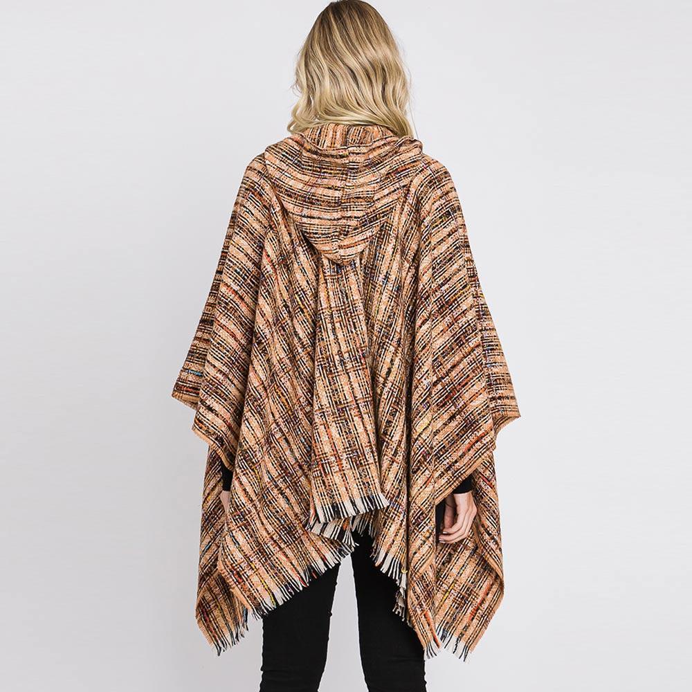 Taupe Hooded Plaid Check Patterned Front Pockets Fringe Ruana Poncho - Jewelry Store by Erik Rayo