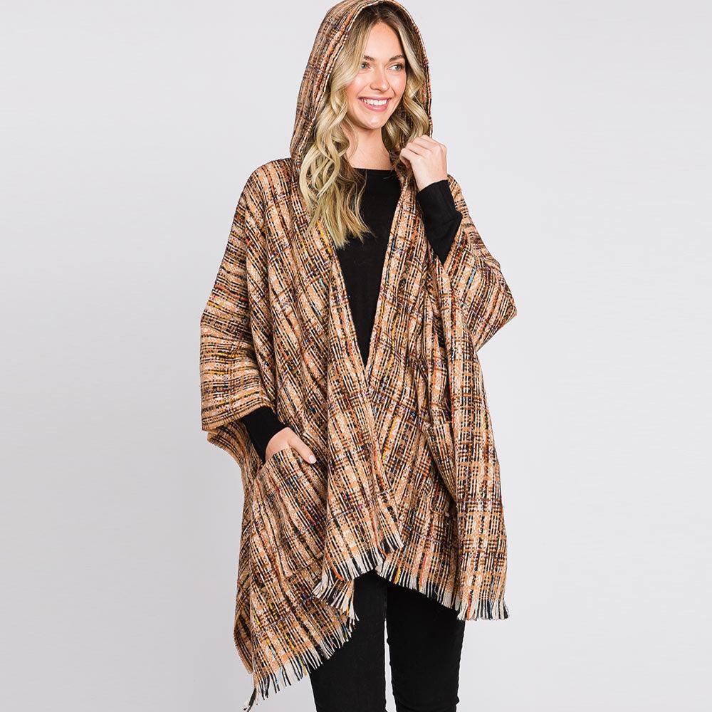 Taupe Hooded Plaid Check Patterned Front Pockets Fringe Ruana Poncho - Jewelry Store by Erik Rayo