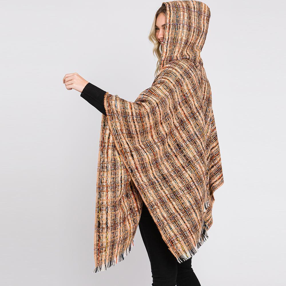 Taupe Hooded Plaid Check Patterned Front Pockets Fringe Ruana Poncho - Jewelry Store by Erik Rayo