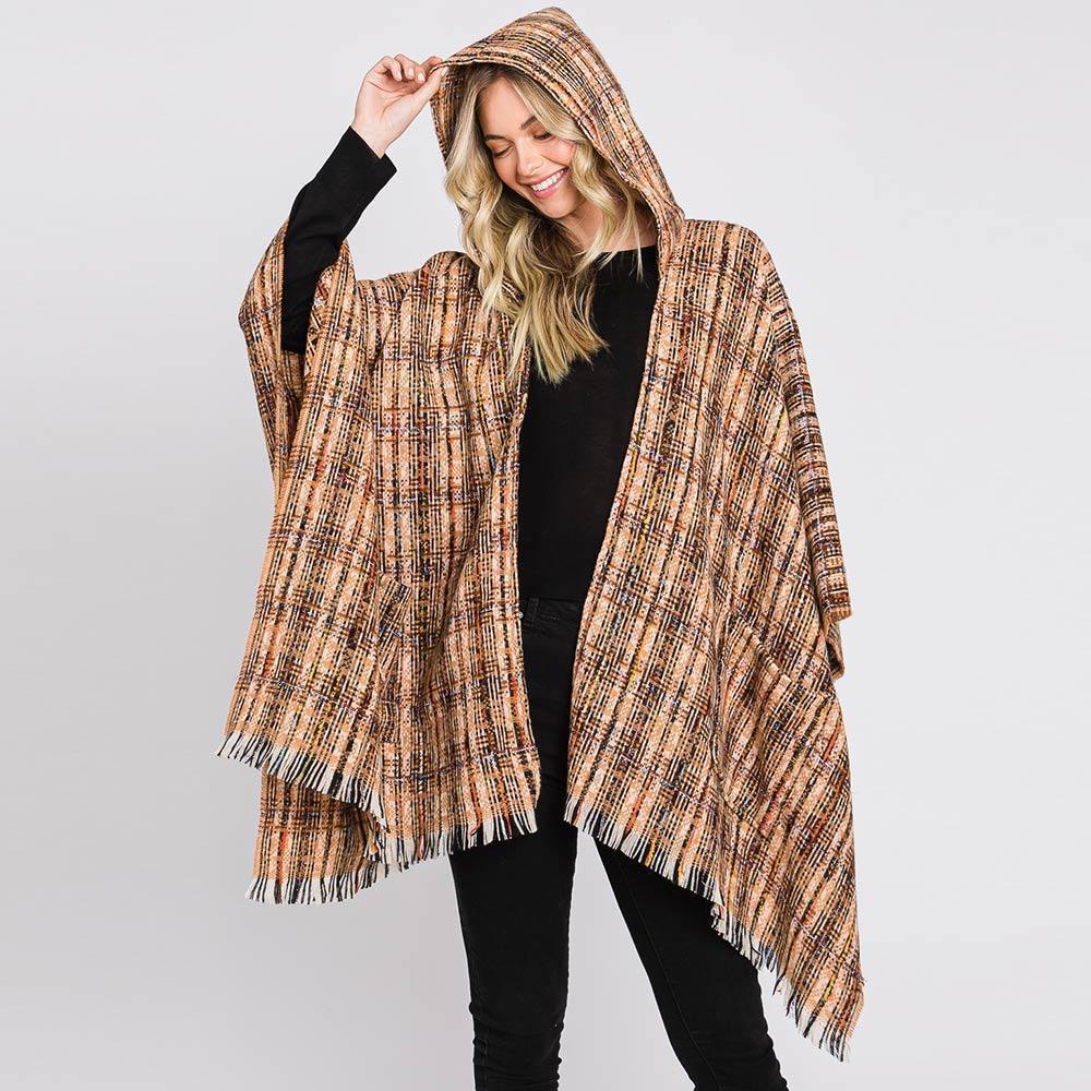 Taupe Hooded Plaid Check Patterned Front Pockets Fringe Ruana Poncho - Jewelry Store by Erik Rayo