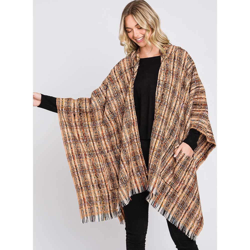 Taupe Hooded Plaid Check Patterned Front Pockets Fringe Ruana Poncho - Jewelry Store by Erik Rayo