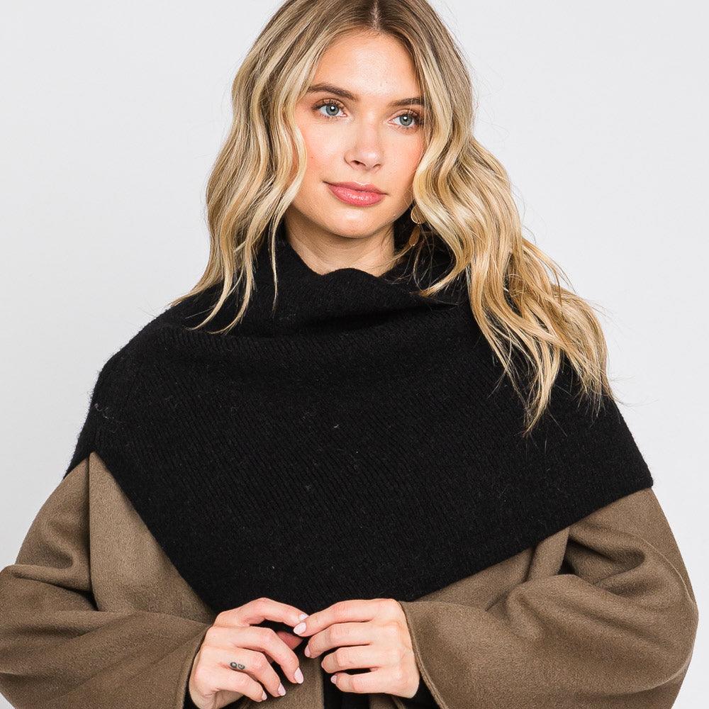 Black Slit Turtleneck Knit Shawl Scarf