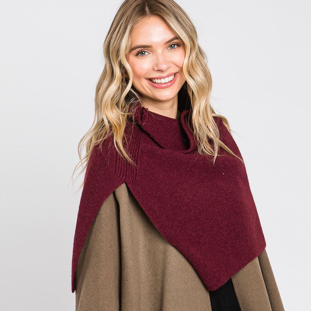 Burgundy Slit Turtleneck Knit Shawl Scarf