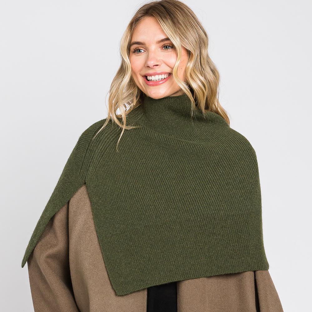 Olive Green Slit Turtleneck Knit Shawl Scarf