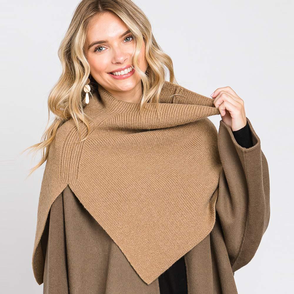 Taupe Slit Turtleneck Knit Shawl Scarf