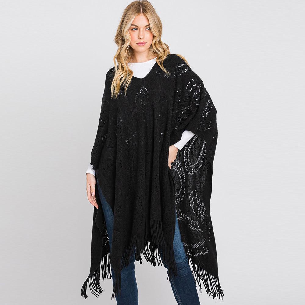 Black Paisley Patterned Fringe Poncho - Jewelry Store by Erik Rayo