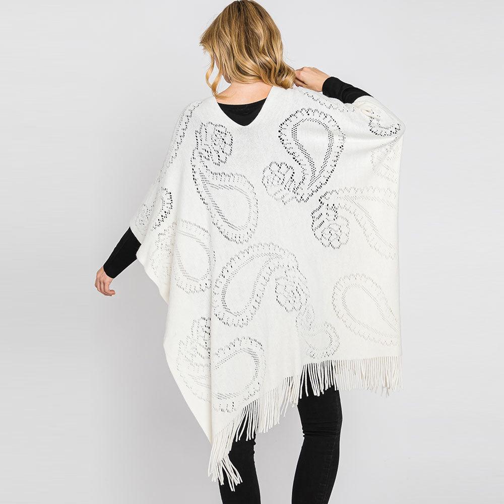 Ivory Paisley Patterned Fringe Poncho - Jewelry Store by Erik Rayo