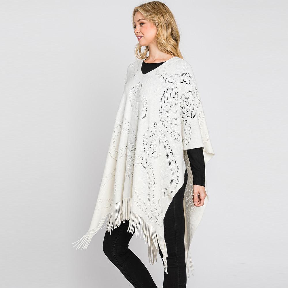 Ivory Paisley Patterned Fringe Poncho - Jewelry Store by Erik Rayo