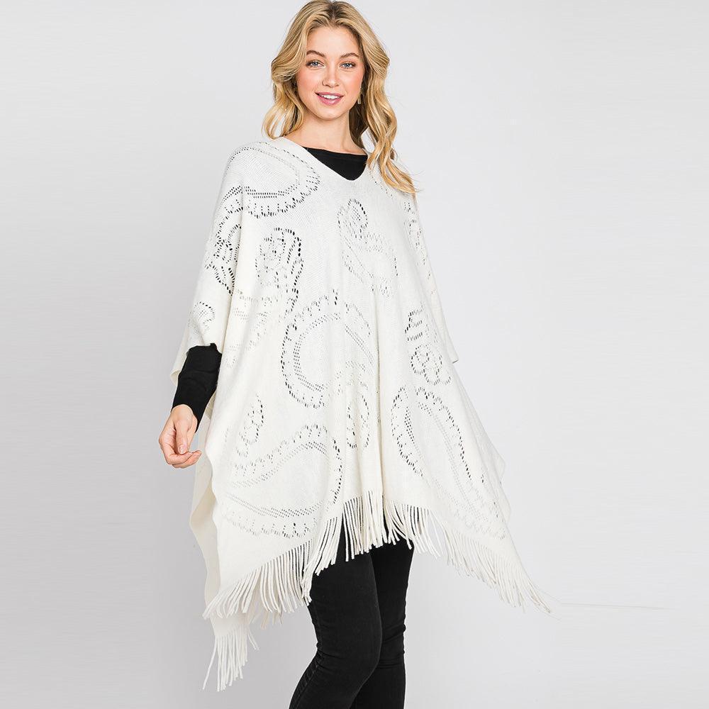 Ivory Paisley Patterned Fringe Poncho - Jewelry Store by Erik Rayo