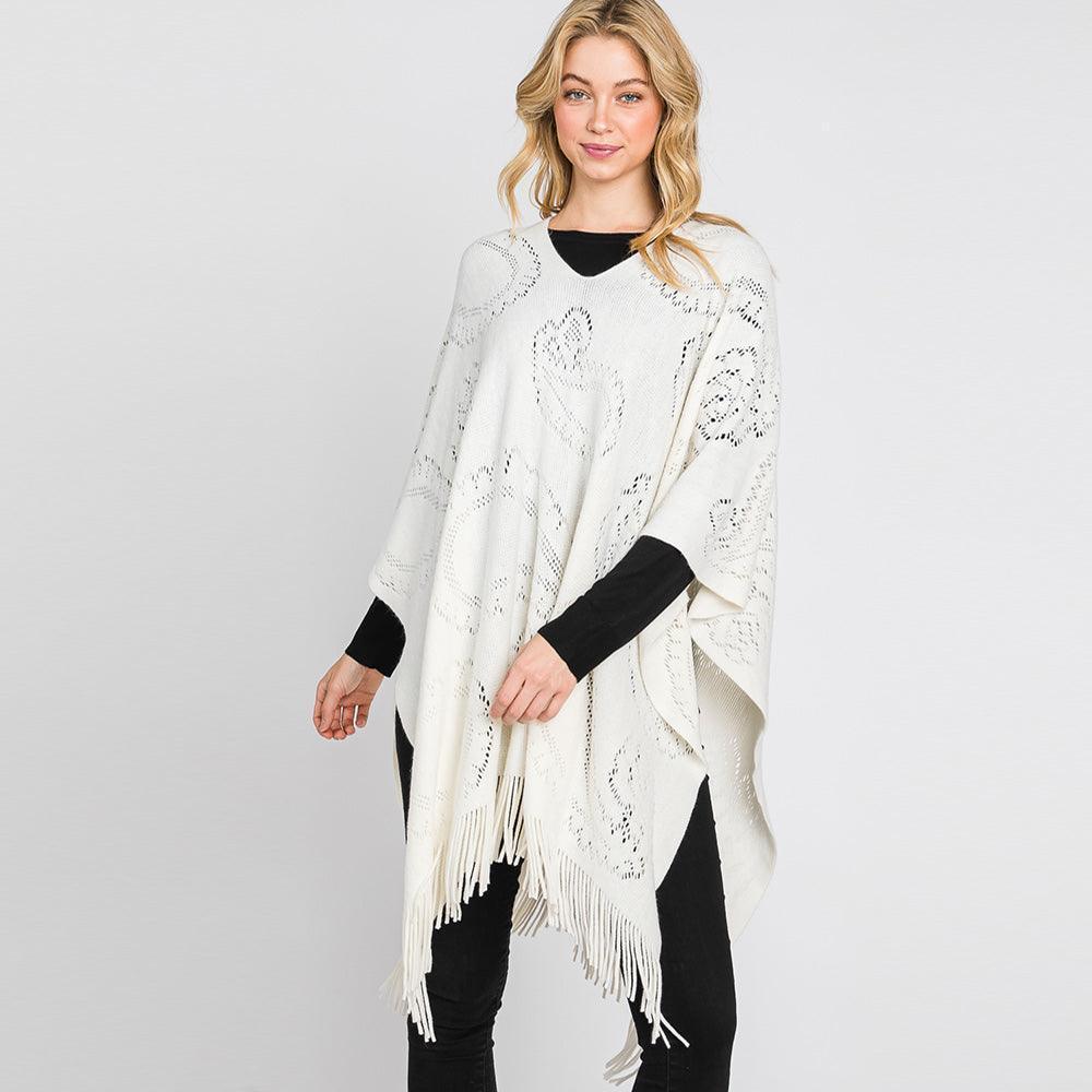 Ivory Paisley Patterned Fringe Poncho - Jewelry Store by Erik Rayo