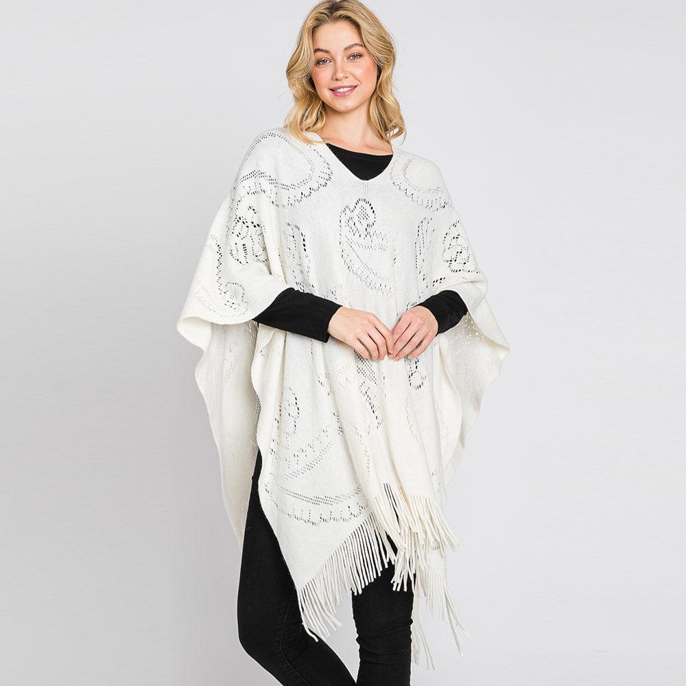 Ivory Paisley Patterned Fringe Poncho - Jewelry Store by Erik Rayo