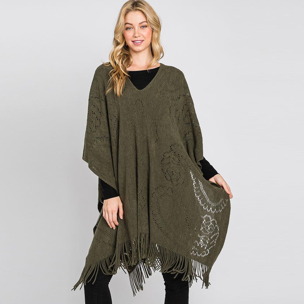 Olive Green Paisley Patterned Fringe Poncho - Jewelry Store by Erik Rayo