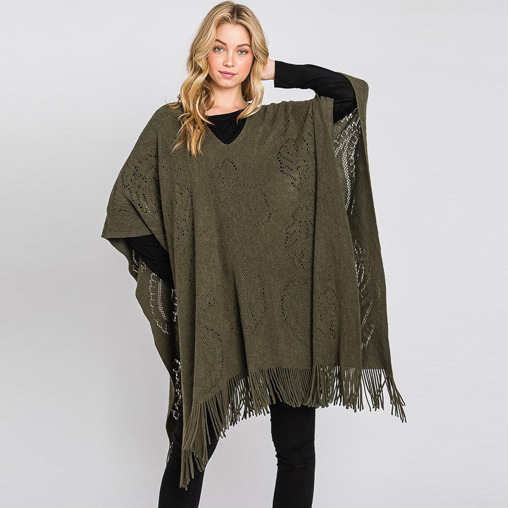 Olive Green Paisley Patterned Fringe Poncho - Jewelry Store by Erik Rayo