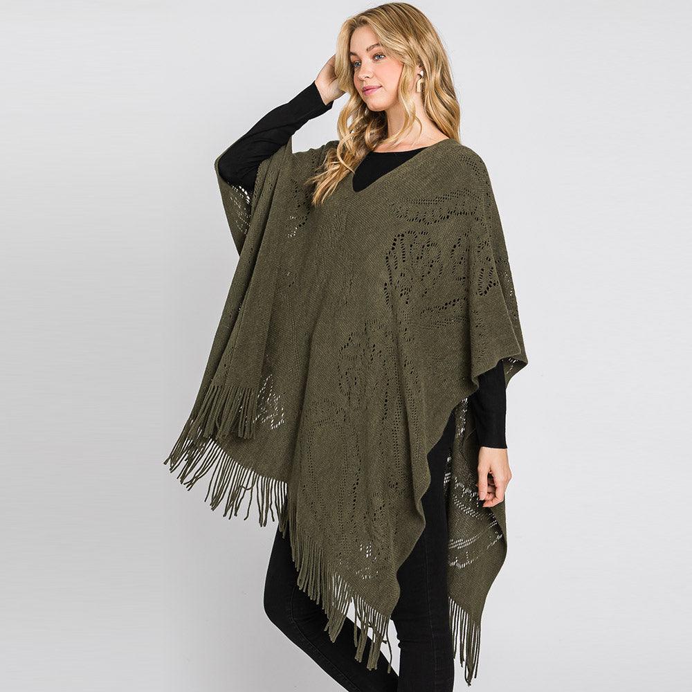 Olive Green Paisley Patterned Fringe Poncho - Jewelry Store by Erik Rayo